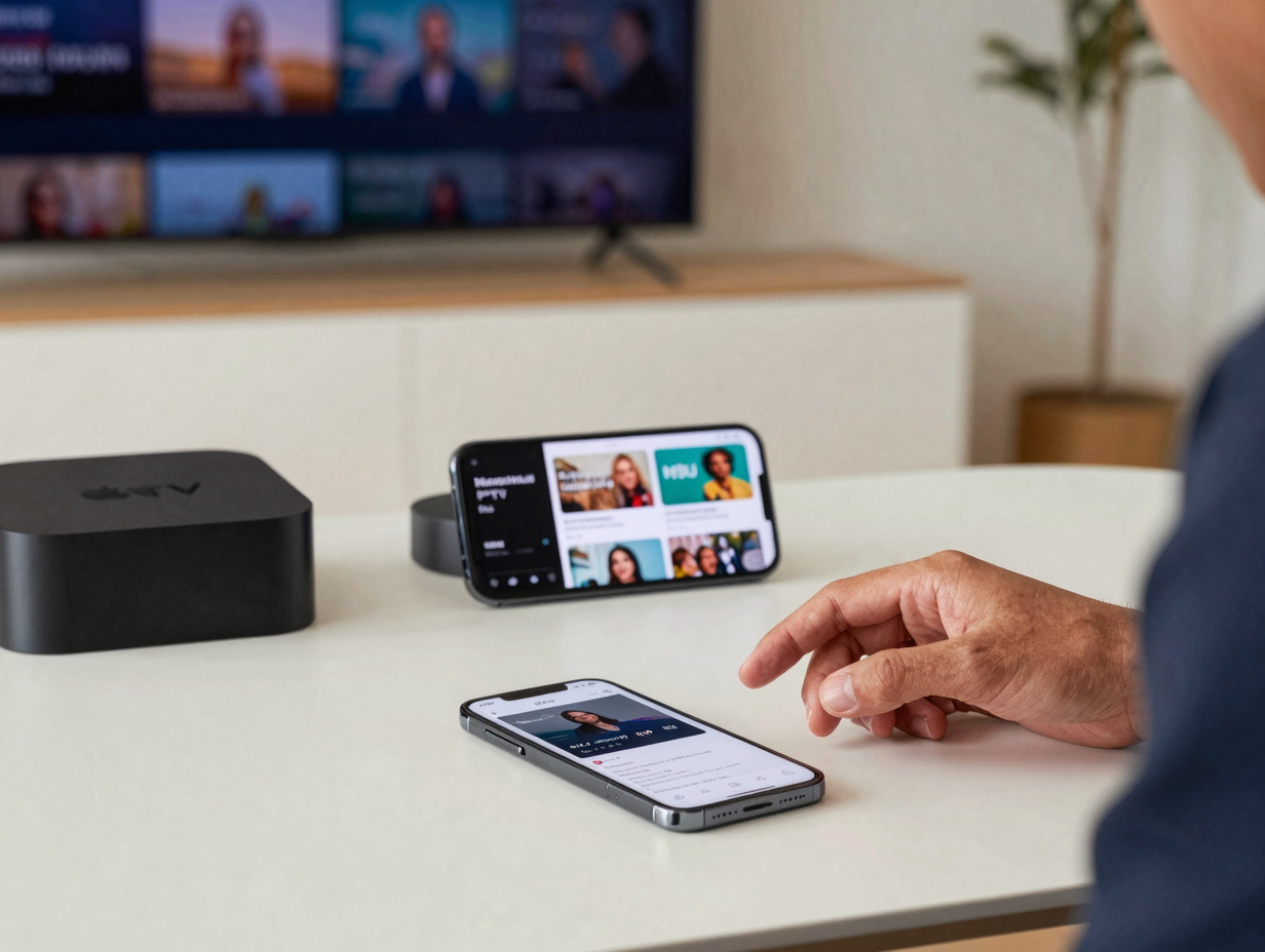 M3U playlist iOS setup with Maximus IPTV Player on iPhone in a modern home streaming scene