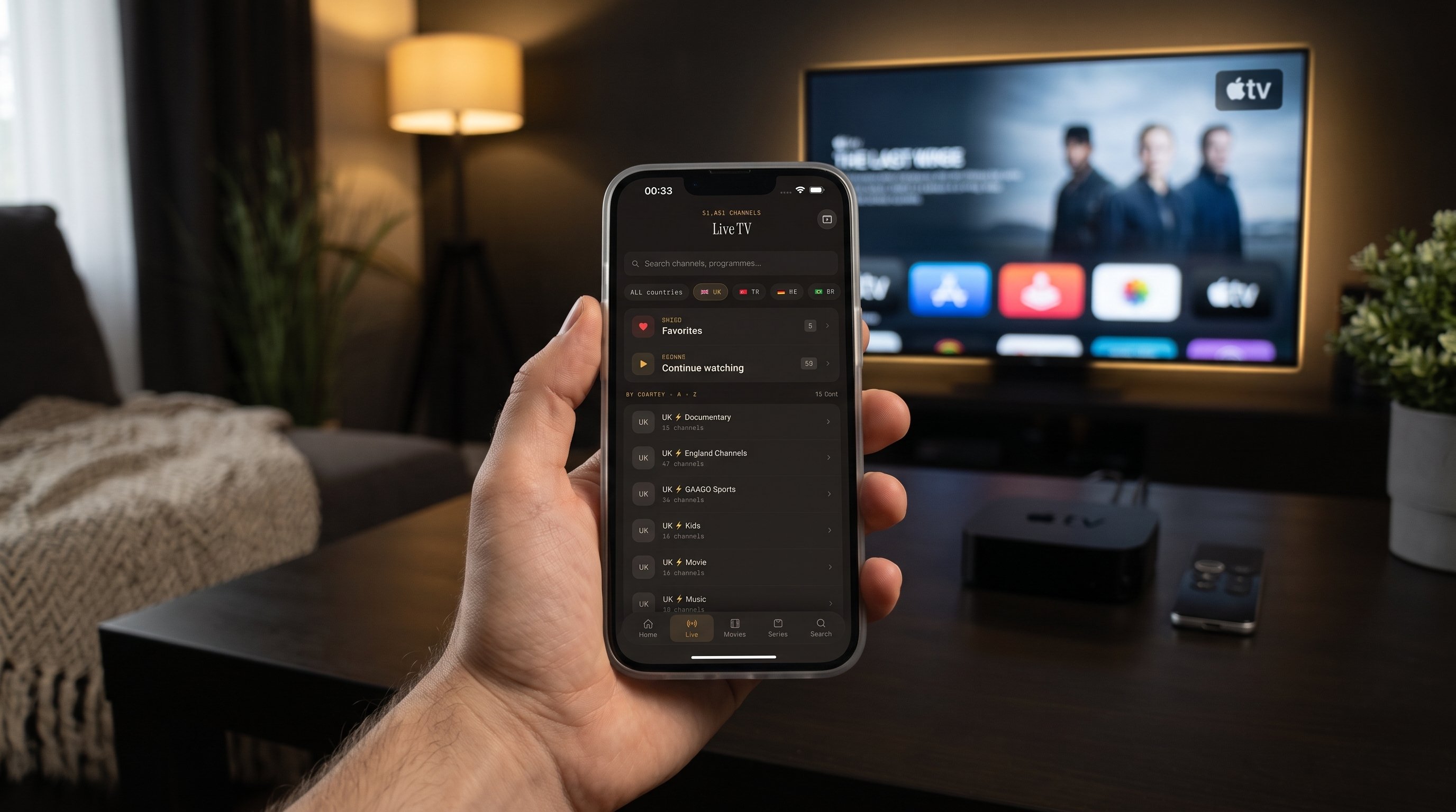The Maximus app on iPhone sending live TV to an Apple TV with AirPlay