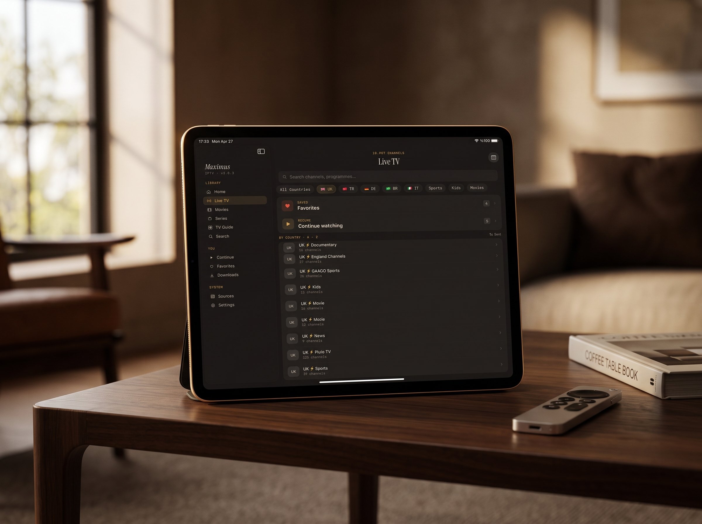 Maximus IPTV Player showing live TV channels on an iPad