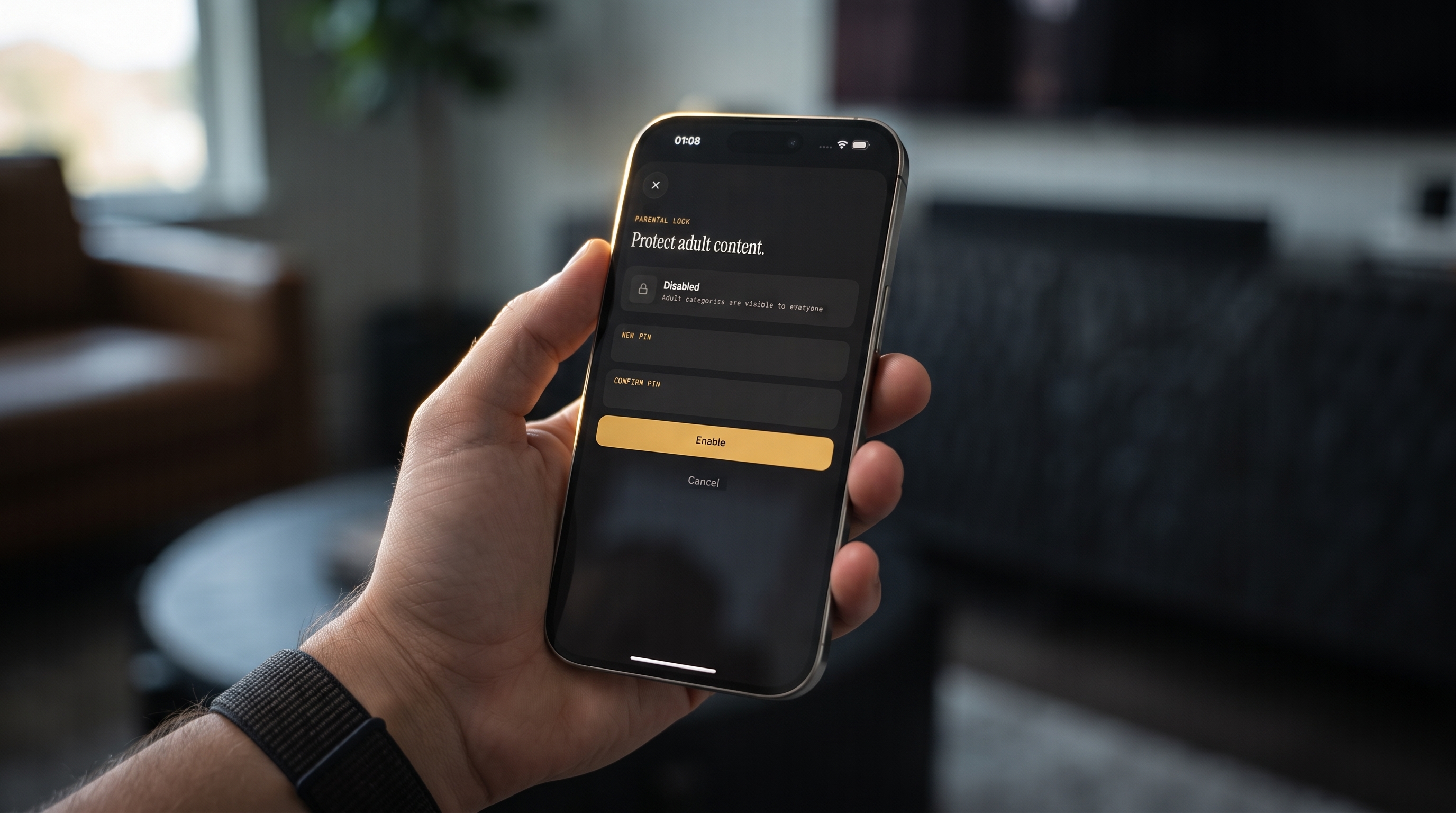 PIN entry screen protecting adult content in Maximus on iPhone