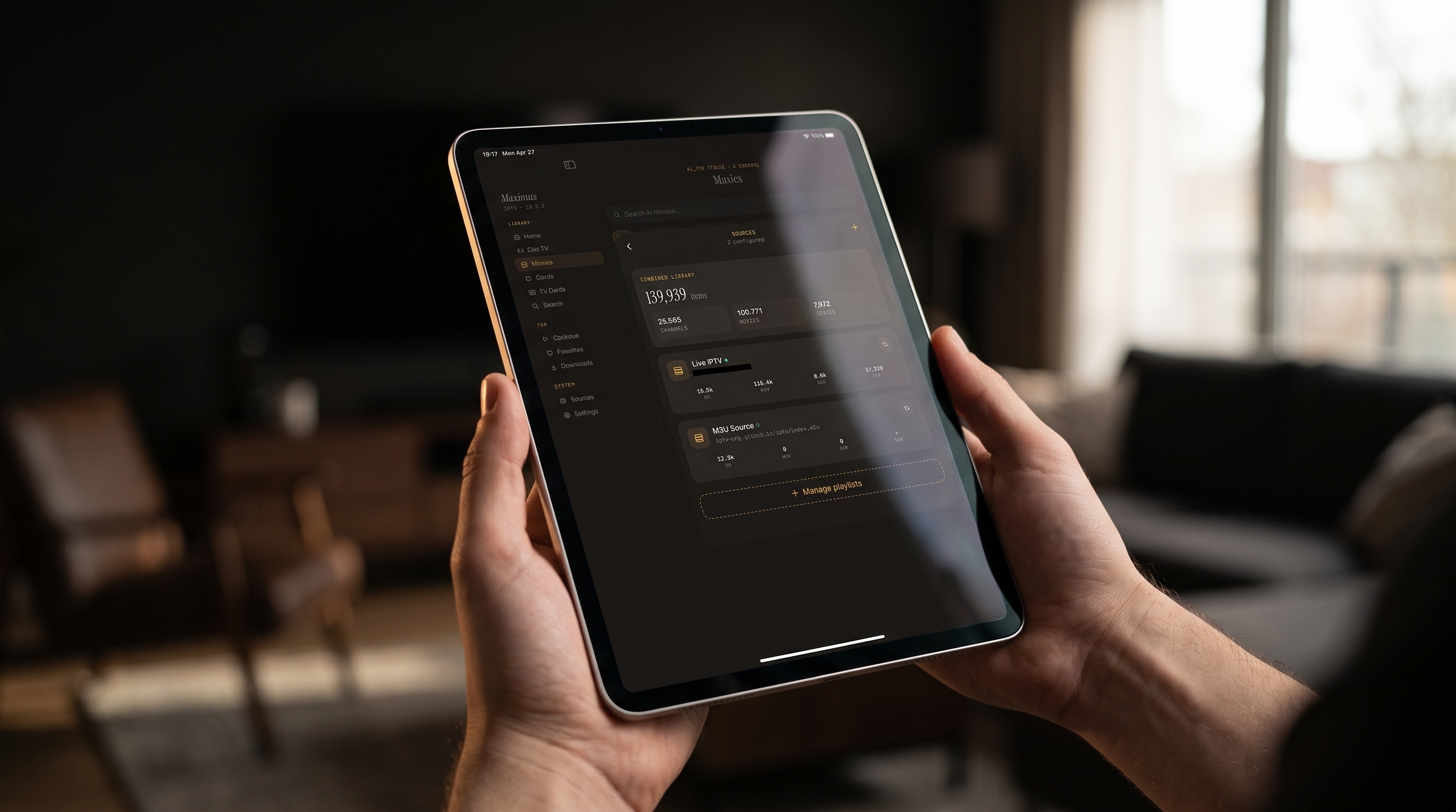 Maximus IPTV Player managing multiple M3U playlist sources on iPad