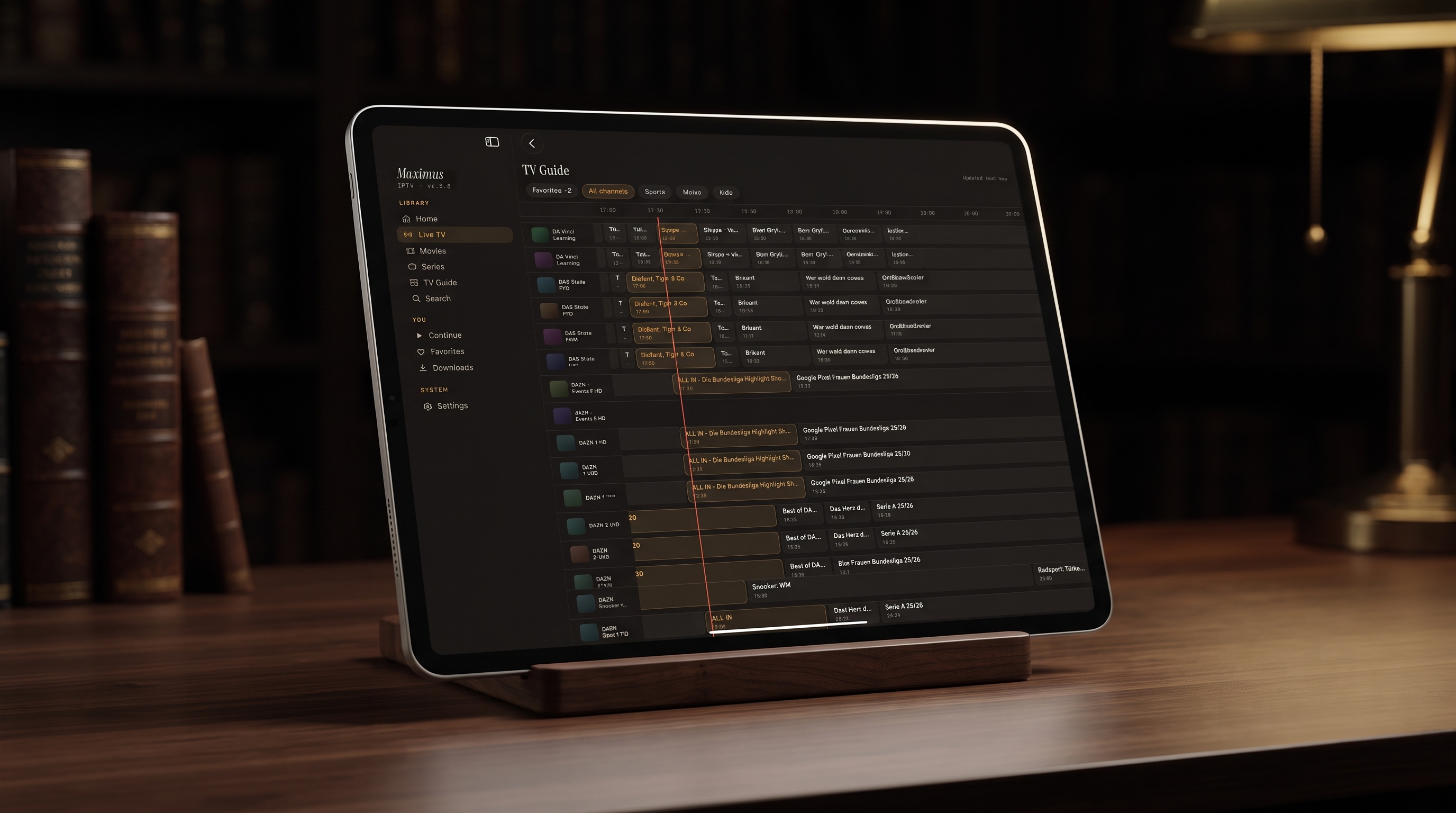 Sports EPG guide on iPad — Maximus IPTV Player live match schedule