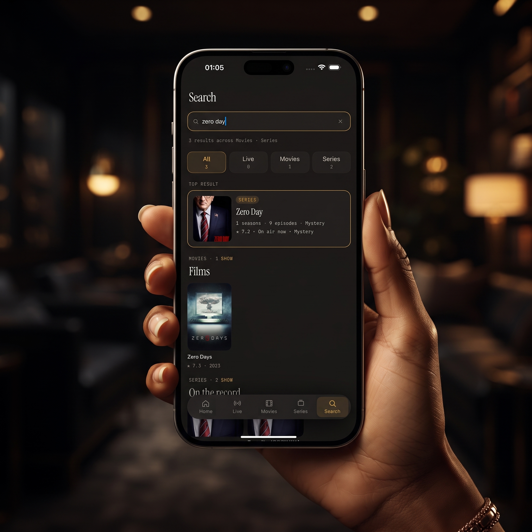 Universal search results in Maximus IPTV Player grouped into live TV, movies and series