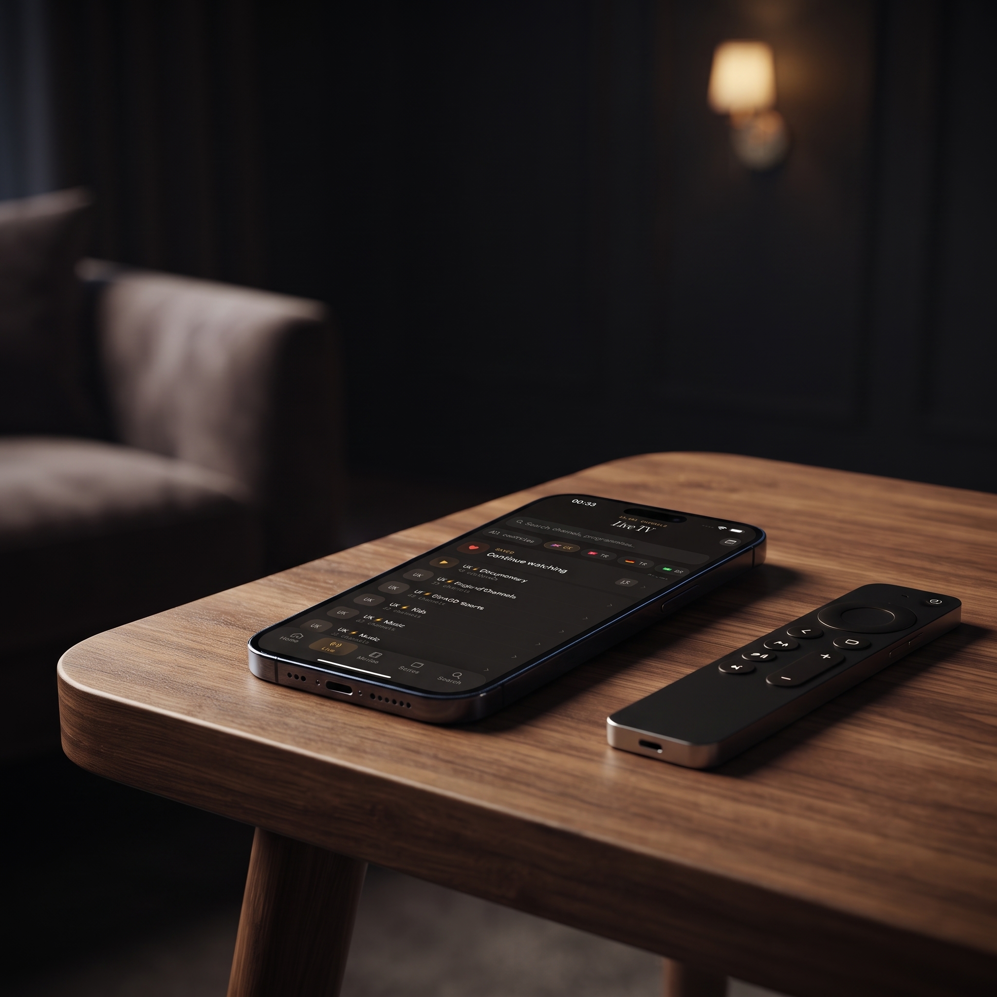 A live IPTV channel being cast from Maximus on an iPhone to a living room TV