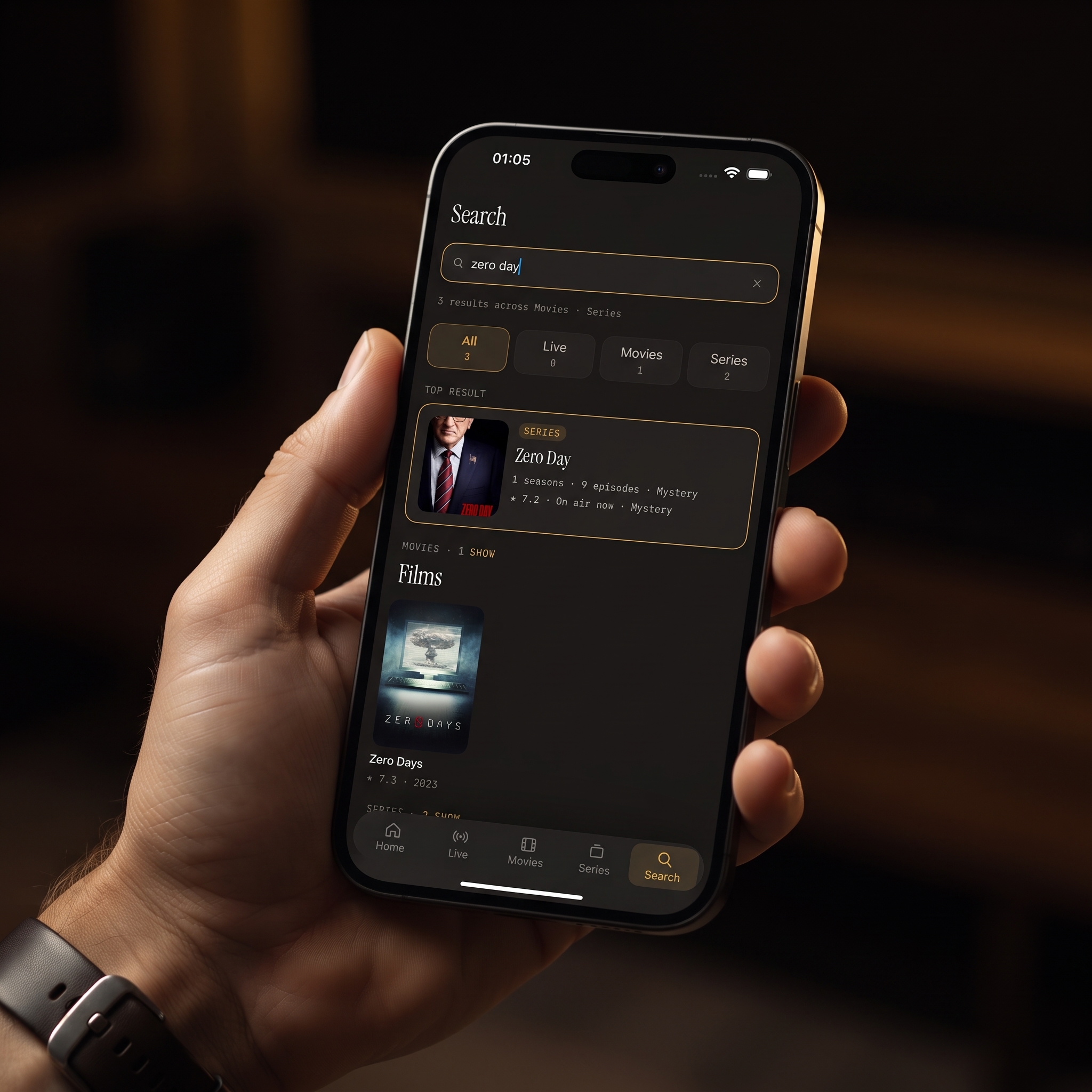 Movies and Series library in Maximus IPTV Player with search bar and poster grid