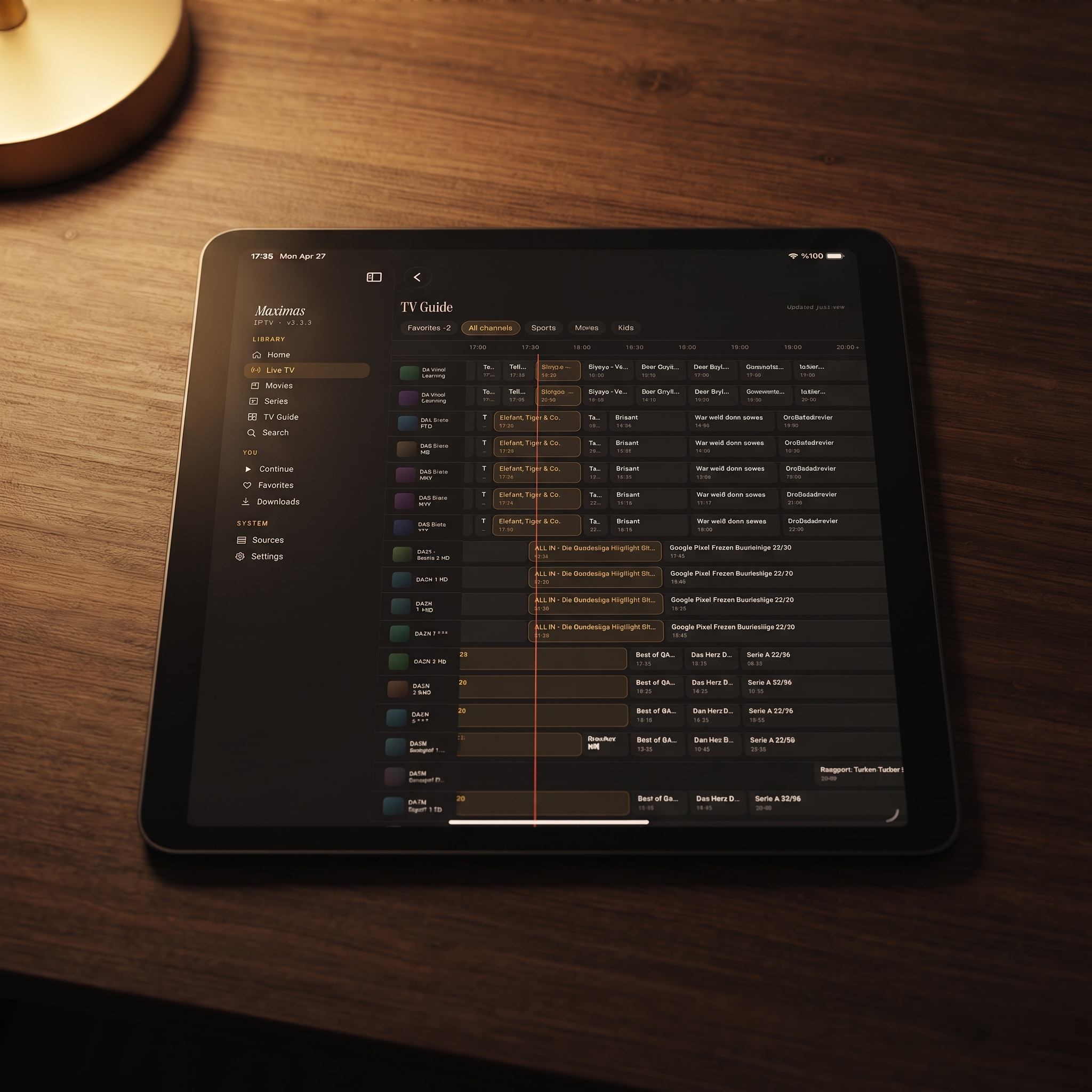 Maximus showing the live TV guide on an Android tablet