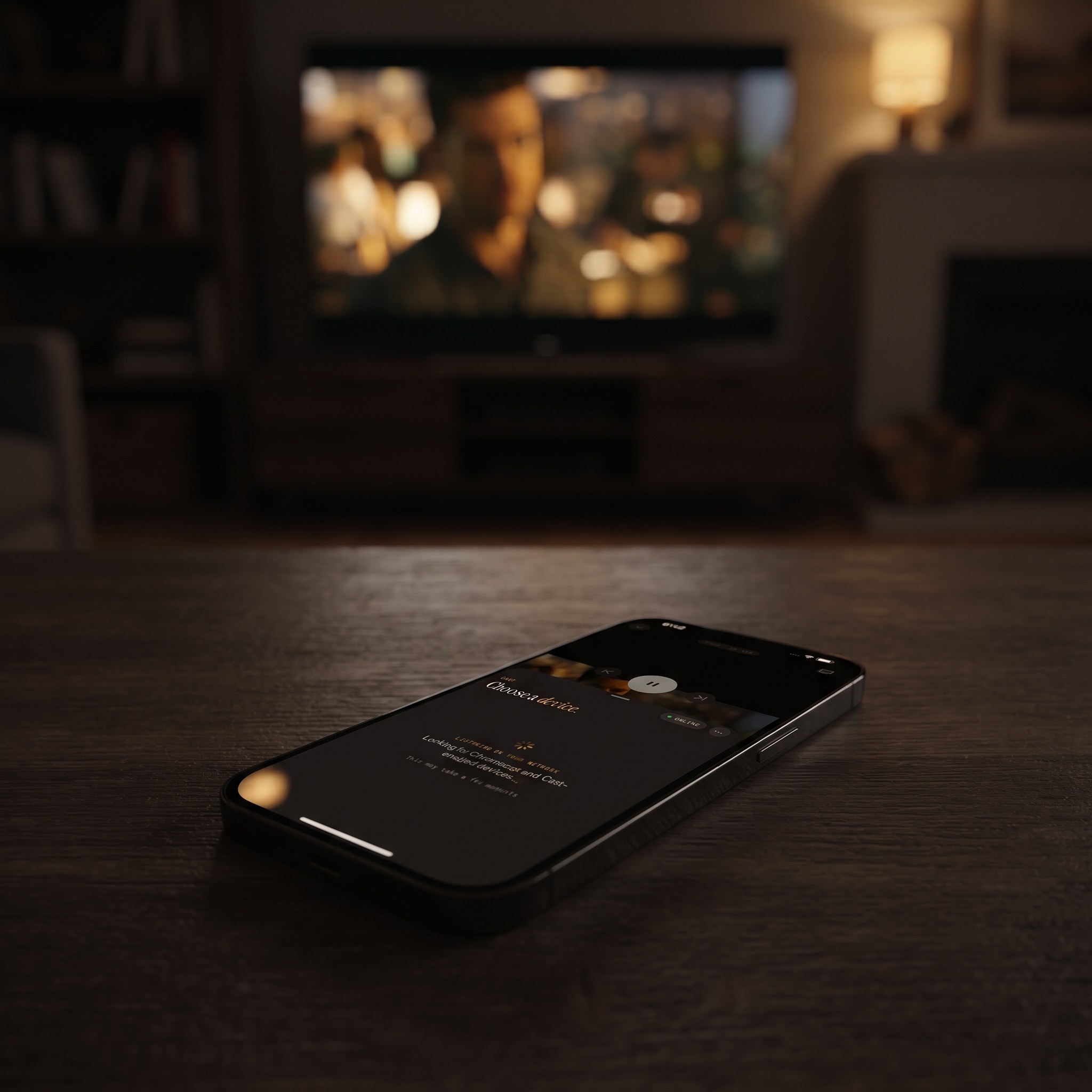 iPhone on a coffee table showing the Maximus IPTV Player Choose a device casting screen while a film plays on the living room TV