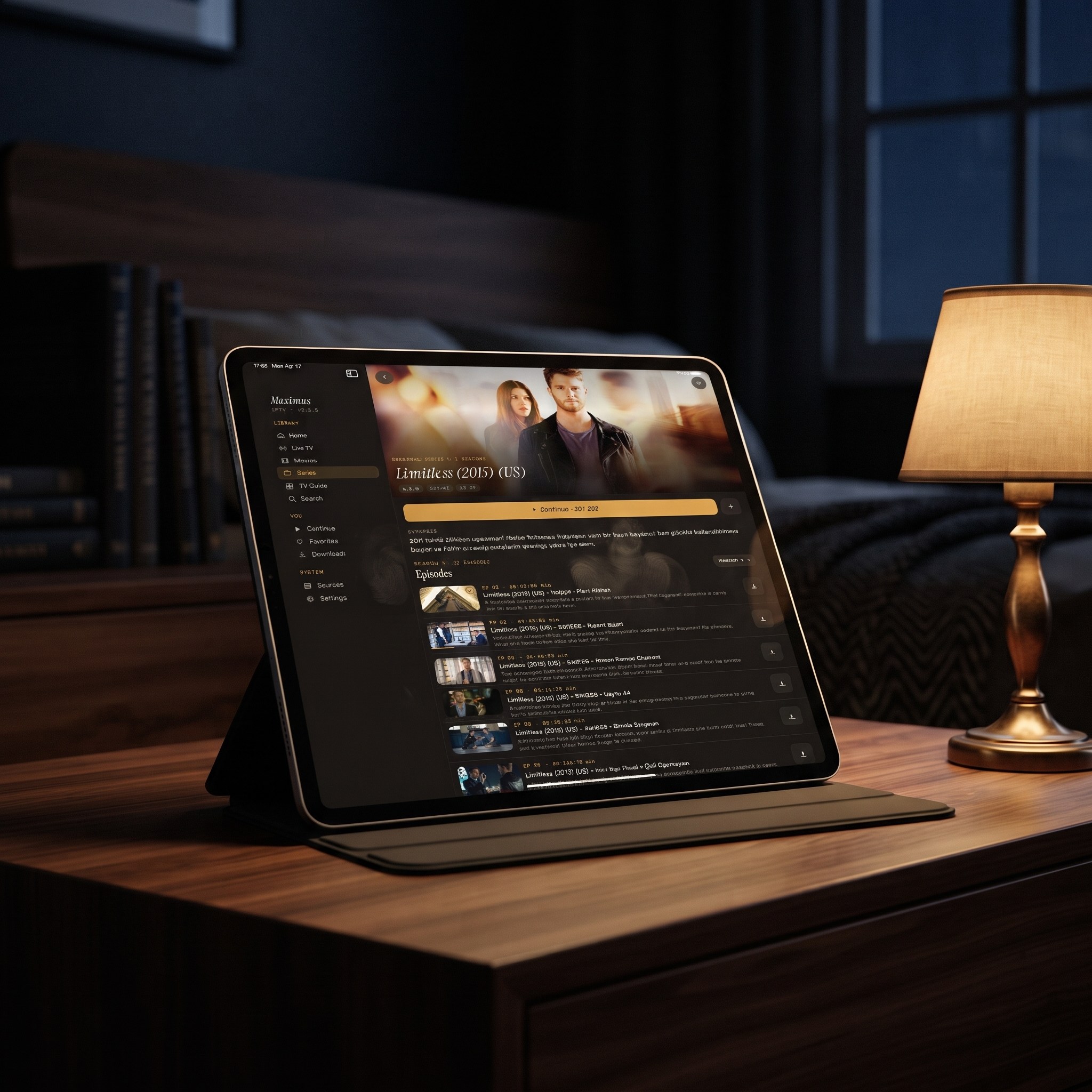 iPad on a bedside table showing a series episode list in Maximus IPTV Player with Continue, Favorites and Downloads in the sidebar