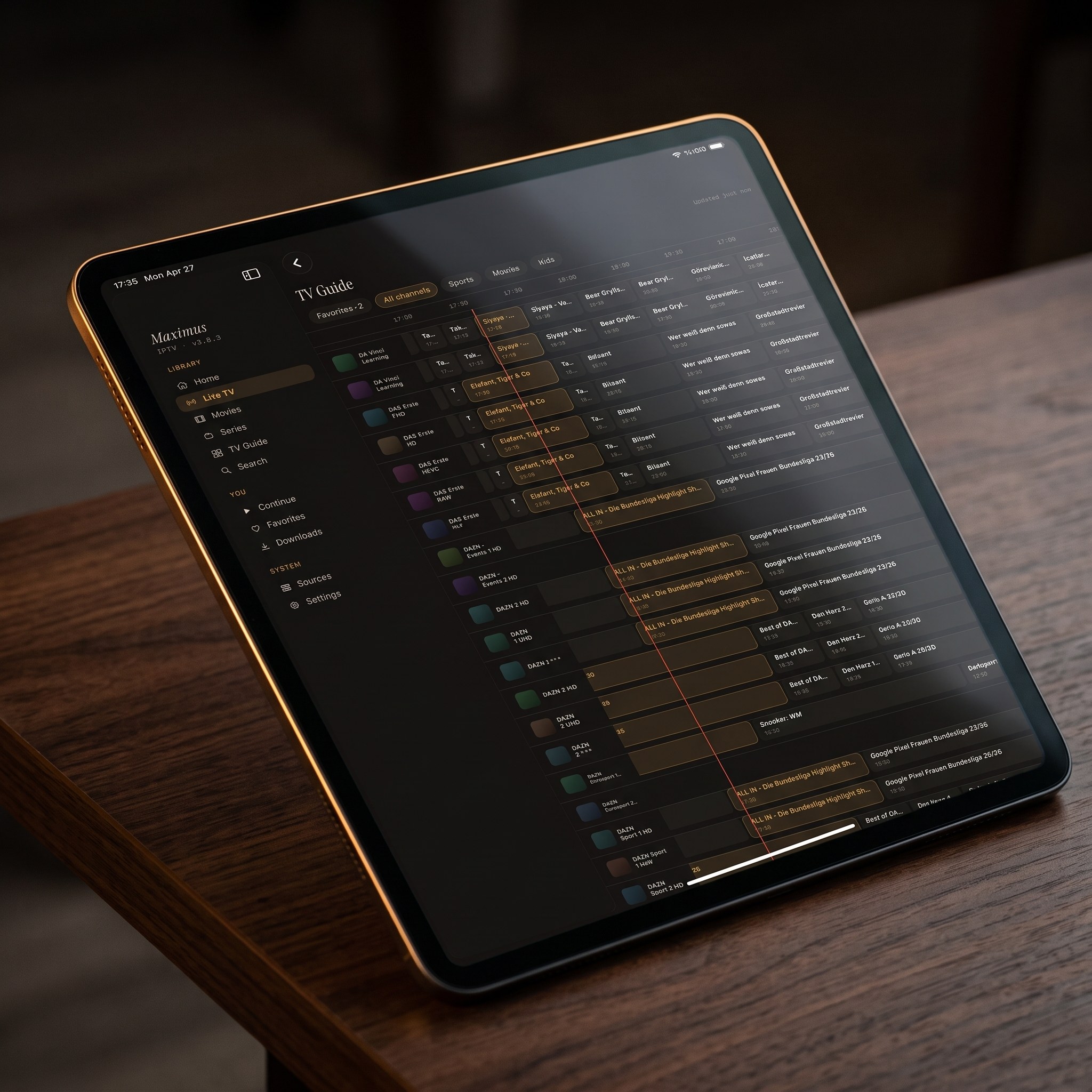 Sources screen in Maximus on iPad with combined library stats