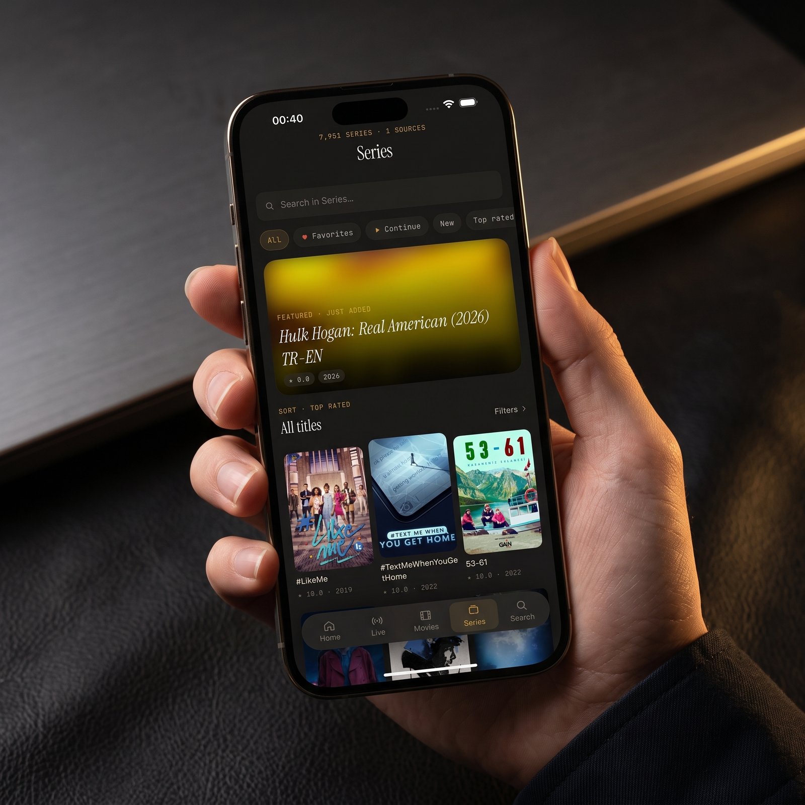 Series library in Maximus IPTV Player on iPhone, combining titles from multiple sources