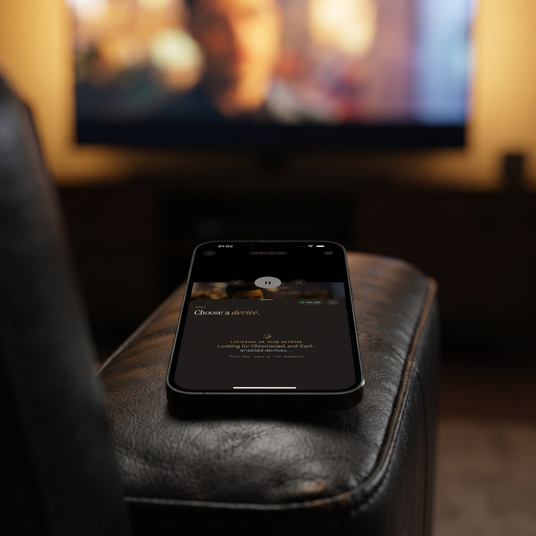 Maximus IPTV Player on an iPhone searching for Chromecast devices, with a TV in the background