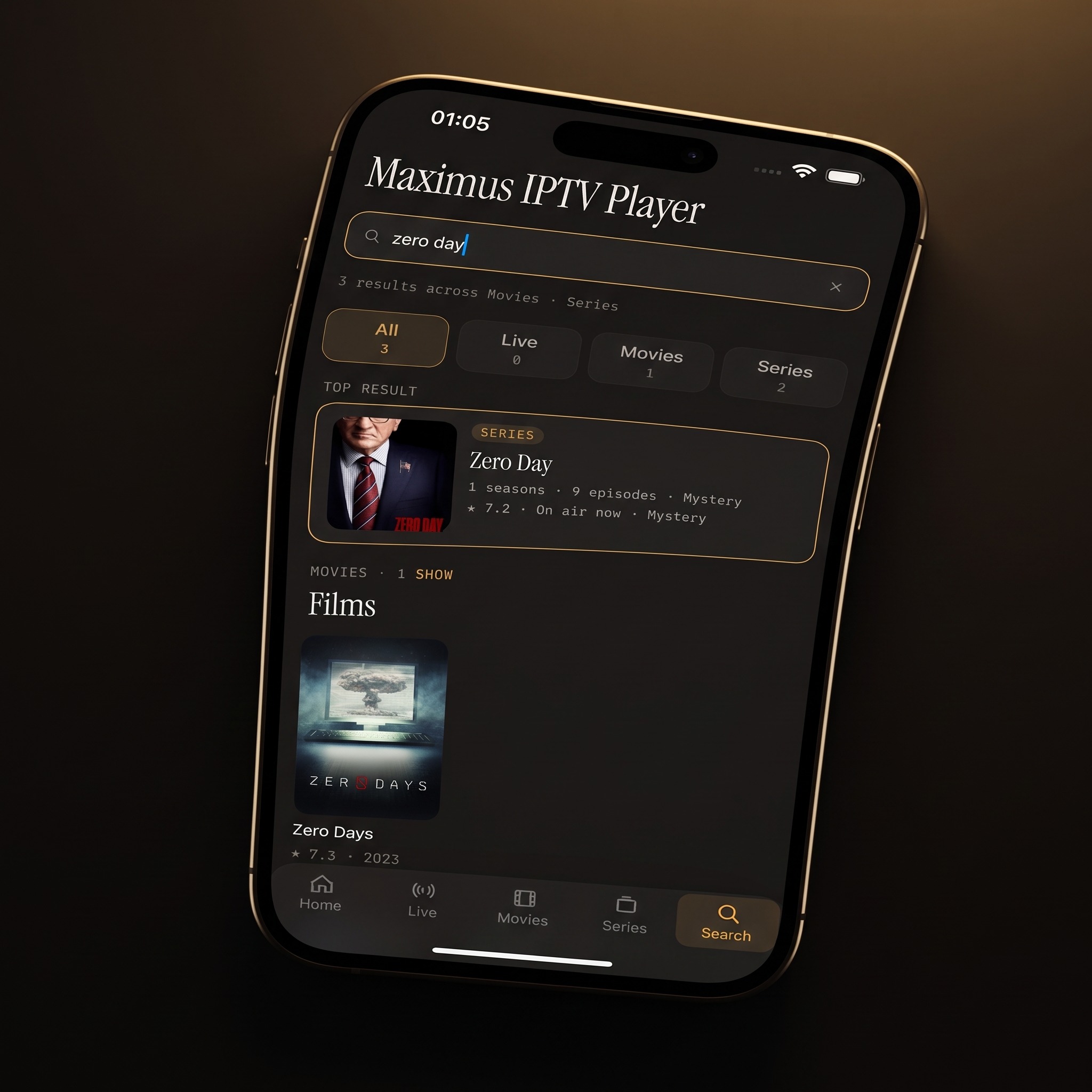 Universal search results across live TV, movies and series